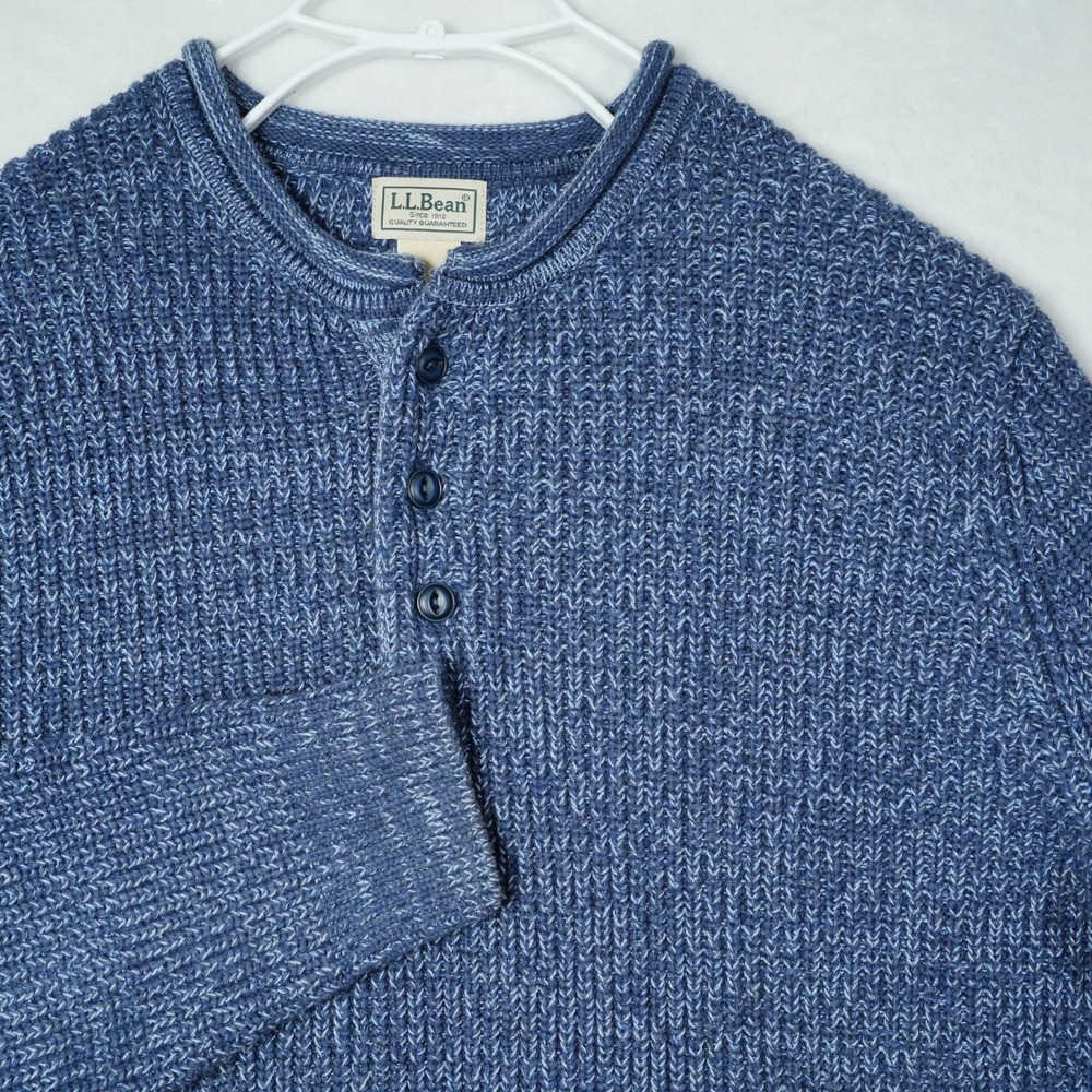 LL Bean Mens Blue Marled Cotton Henley Sweater Shaker Knit 300340 M-REG